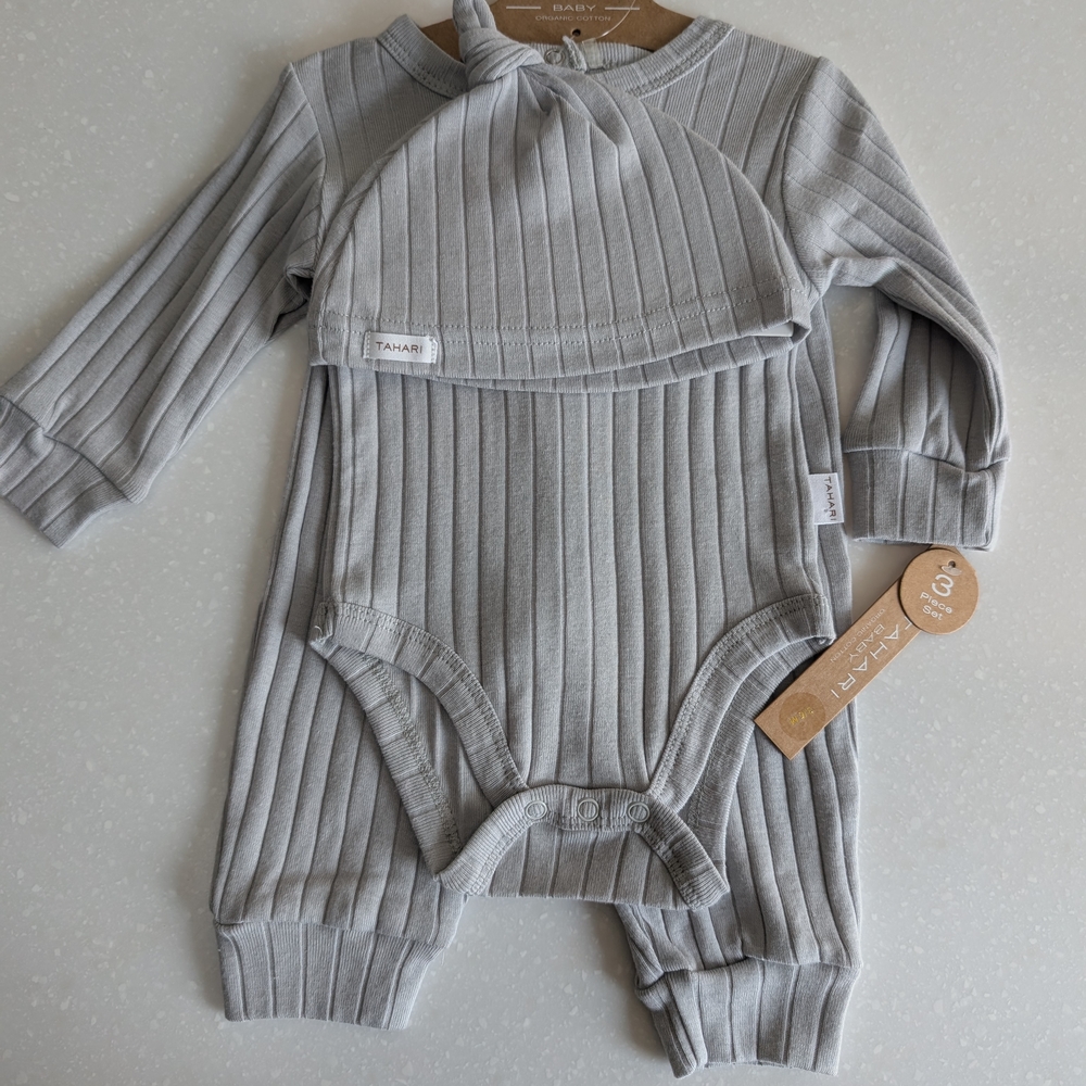 Tahari Gray Ribbed Baby Bodysuit and Hat Set